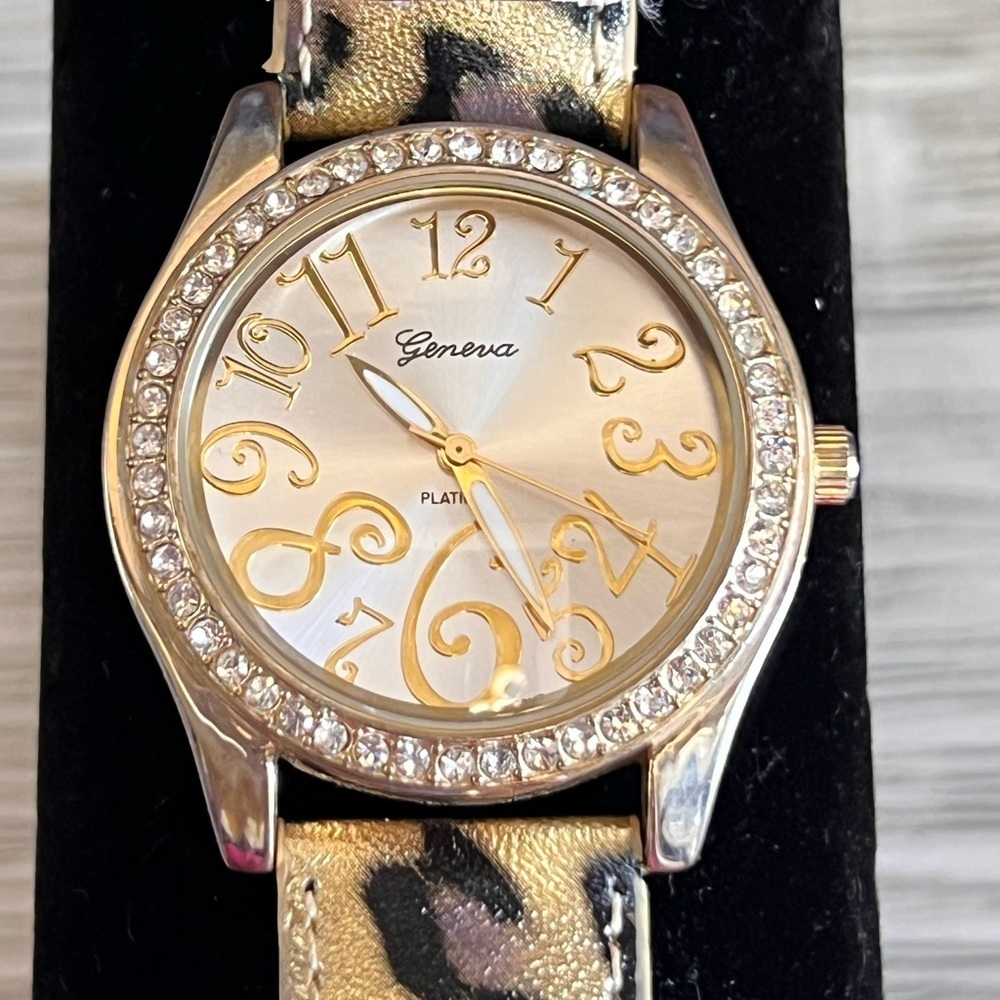 Geneva Platinum Watch with Gold and Black Animal Print Band